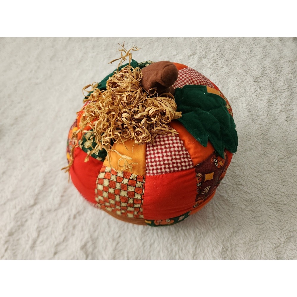 Vtg Plush Patchwork Pumpkin Fall Halloween Thanksgiving Stuffed Decor Quilted